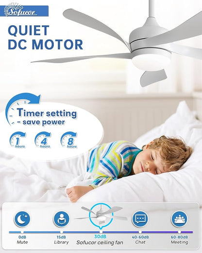 Sofucor 45 Inch Ceiling Fan with Lights and Remote, Indoor/Outdoor Ceiling Fan with Light 6-Speed 3 CCT 3-Timer, Low Profile White Ceiling Fan 5 Blade Quiet DC Motor for Bedroom Living Room Patio