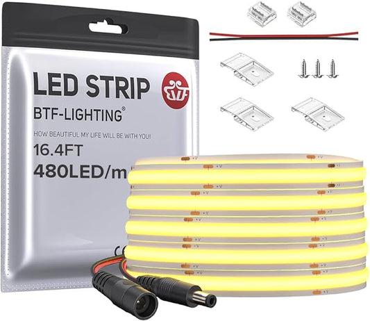 BTF-LIGHTING FCOB COB LED Strip Flexible High Density Uniform Light 9W/m 16.4FT DC24V Daylight White 6000K CRI 90+ 8mm Width Dimmable LED Ribbon for Indoor Decor(No Adapter or Controller)