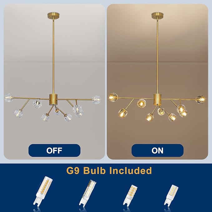 Depuley Modern Gold Sputnik Chandelier: 9-Light Crystal Glass Chandelier for Dining Room - Kitchen Table Light Fixture Mid Century Hanging Lamp Height Adjustable for Foyer (Included G9 Bulbs)