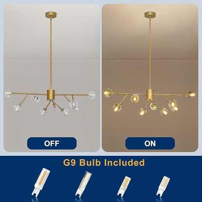 Depuley Modern Gold Sputnik Chandelier: 9-Light Crystal Glass Chandelier for Dining Room - Kitchen Table Light Fixture Mid Century Hanging Lamp Height Adjustable for Foyer (Included G9 Bulbs)