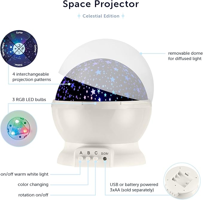 Globe Electric 13766 LED Integrated Color Changing Space Projector Night Light, 4 Interchangeable Projection Patterns, Removeable Dome Diffuser, USB or Battery Powered, Bulb Not Included