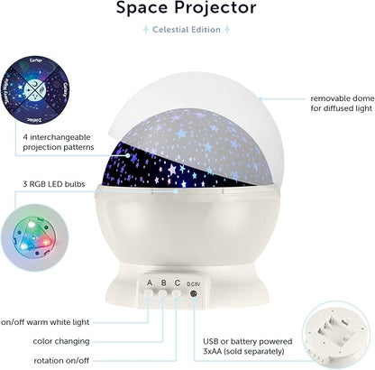 Globe Electric 13766 LED Integrated Color Changing Space Projector Night Light, 4 Interchangeable Projection Patterns, Removeable Dome Diffuser, USB or Battery Powered, Bulb Not Included