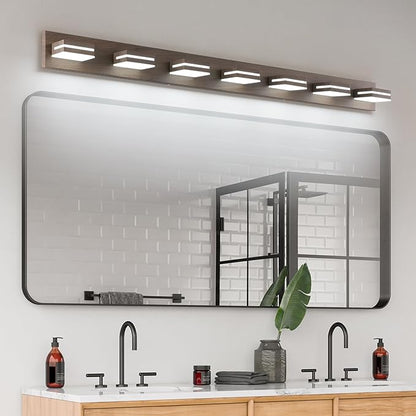 SineRise LED Modern Bathroom Vanity Light Fixtures (7-Light, 55-Inch), Brown Wood Painted Modern Acrylic Bathroom Wall Lighting Fixtures Over Mirror (Cool White 6000K)