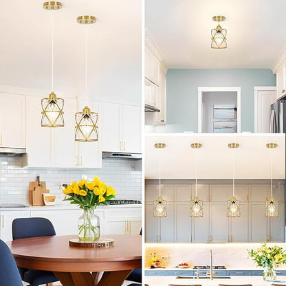 Gold Pendant Lights Kitchen Island Set of 2 , Adjustable Hanging Lights with Clear Glass, Industrial Ceiling Pendant Light for Hallway, Decor, E26 Base - 5.51''Shade,59.06'' Cord(Bulbs Not Included)