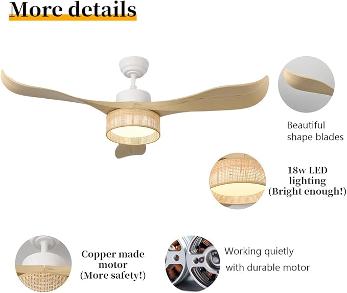 Eamonex 52 inches LED Bamboo DC Ceiling Fan with Light Fixture and Remote Control,Boho Wooden Bohemian Dimmable Rattan Wicker Fandelier for Indoor,Outdoor,Bedroom,Living room,Dining room