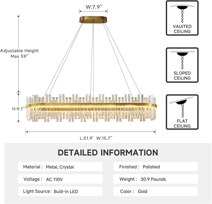 Gold Led Modern Crystal Chandelier: 52" Rectangle Linear 3 Color Dimmable Large Chandelier for Dining Room Over Table - Luxury Rectangular Contemporary Oval Light Fixture for Living Room Bedroom Foyer