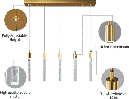 Kitchen Island Lighting Modern Light Fixture Gold Pendant Light Dimmable LED Brass Finish Mini Crystal Pendant Lights for Dining Room Living Room（5-Light）