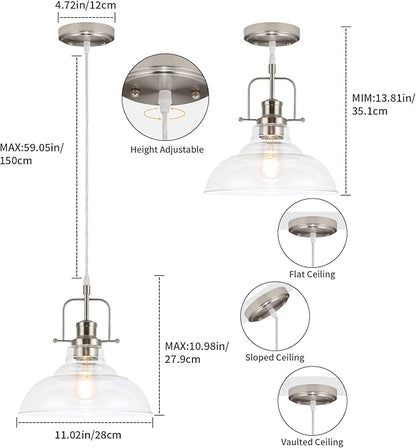WILON Brushed Nickel Glass Pendant Lights Kitchen Island Lighting, Modern Hanging Lamp for Sink Dining Room Over Table Hallway Entryway Bar Foyer Bathroom