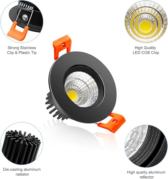 2Inch LED Recessed Ceiling Light, 3W Dimmable LED Downlight, 60 Beam Angle COB Recessed Lights with Driver, Daylight White 5000K-5500K, 25W Halogen Bulbs Equivalent for Ceiling Lighting, Black 1Pack