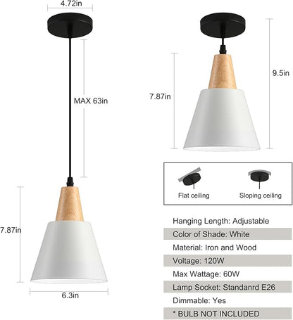 2 Pack Pendant Lights, White Pendant Lights Kitchen Island,Wood Dome Minimalist Industrial Ceiling Hanging Lights for Kitchen Island, Barn, Dining Room, Living Room, Bedroom
