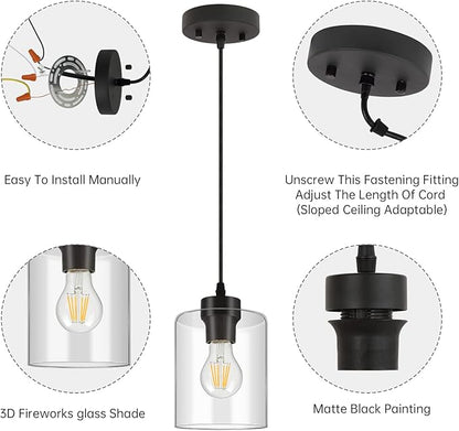 BoostArea Modern Pendant Light Fixtures, Industrial Hanging Ceiling Lamp with Clear Glass Shade, Farmhouse Black Pendant Lighting for Kitchen Island Decor Living Room Hallway Bedroom Dining（2 Pack）