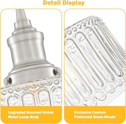 Brushed Nickel Pendant Lights Kitchen Island, Vintage Pendant Light Clear Striped Glass Lmapshade, Rustic Kitchen Pendant Lighting Over Island, Adjustable Hanging Light for Dining Room Hallway