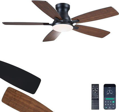 JSAITEE Ceiling Fan with Lights and Remote Control - 46In Flush Mount Ceiling Fan with 3CCT Dimmable, 6 Wind Speeds and Timing, Low Profile Fan for Modern Bedroom, Kitchen, Living Room