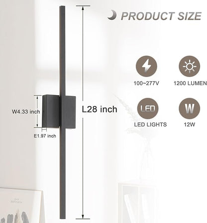 Wall Sconces Set of Two, Black Modern Wall Sconce Light for Bathroom, Living Room, Bedroom, Hardwired 3000K 28''