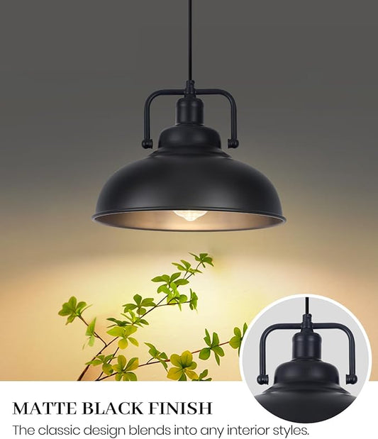 Black Farmhouse Pendant Light 2pack, 11.4in Vintage Kitchen Pendant Light Fixture, Adjustable Height, Modern Pendant Lighting, Metal Pendant Lights for Kitchen Island, Dining Room E26 Base
