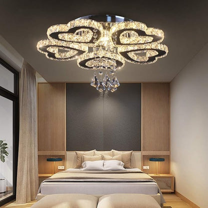 Heart 5 Rings Crystal Chandelier, Modern LED Flush Mount Ceiling Light with K9 Crystals Light Fixture for Bedroom, Living Room, Kitchen Warm White