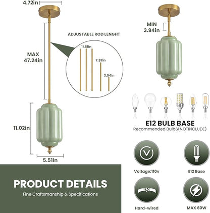 Vintage Green Glass Pendant Lights 5.5 Inch Mid Century Brass Hanging Ceiling Light, Small Adjustable Height Kitchen Island Hanging Lights for Dining Room, Kitchen, Hallway and Bedroom, E12 Base