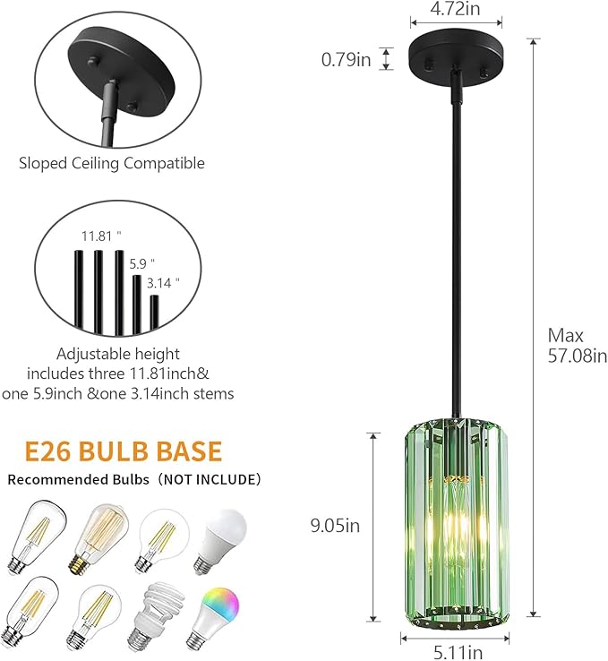 Modern Crystal Pendant Light Mini Light Green Chandeliers Adjustable Pendant Lights Fixture for Kitchen Island Dinning Room Corridor Bedroom(Light Green 2-Pack)