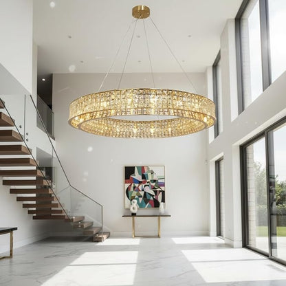 Modern Crystal Chandelier Round 20-Light Contemporary Hanging Ceiling Light Fixture Copper/Brass Finish with Rectangular Crystals Dining Room Living Room Bedroom Entryway Lighting Easy Install 39''