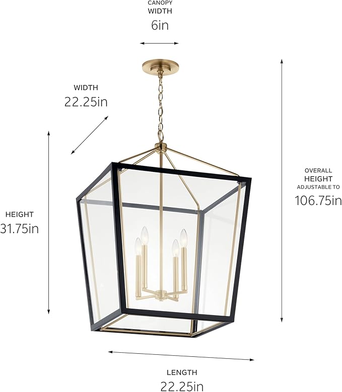 Kichler Delvin 4-Light Foyer Pendant Light Fixture, Updated Traditional Hanging Light with Clear Glass in Champagne Bronze and Black for Dining Room, Living Room, Kitchen (22.25" x 31.75"), 52620CPZBK
