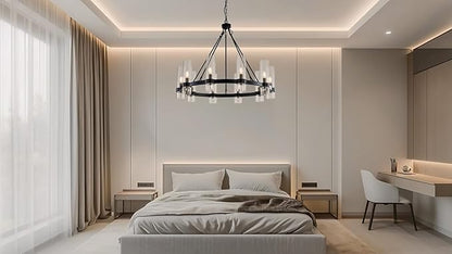 32 Inch Black Wagon Wheel Chandelier with Glass Shade, 10 Lights, Modern Farmhouse Style, Ideal for Dining Room, Kitchen, Entryways