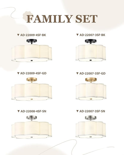 Gold Semi Flush Mount Ceiling Lights, 4-Light 18" Ceiling Light Fixtures with Fabric Shade in Flower Shape, Farmhouse Brass Drum Lighting for Nursery Bedroom Kitchen, AD-22009-4SF-GD