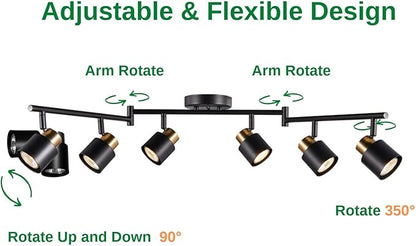 6 Light Foldable Track Lighting Kit, Matt Black Brass Finish Adjustable with Moden Flush Mount Ceiling Spotlight for Kitchen,Dining,Living Room,Home Improvement