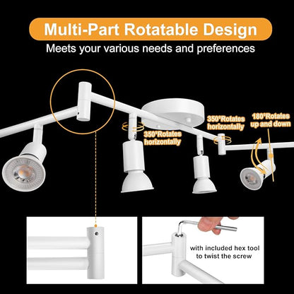 6 Light Track Lighting Fixture, GU10 Rotatable Heads, Matte White, Bulbs Not Included, Perfect for Kitchen, Office, Laundry, Dining Room