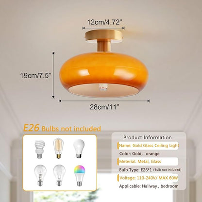 Modern Glass Flush Mount Ceiling Light, Orange Gold Mid Century Hallway Light Fixtures, Vintage Glass Ceiling Lamp, Brushed Brass Pantry Dining Room Light Fixture