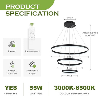 Benkut 3-Rings Modern LED Chandelier Black Dimmable Pendant Lighting with Remote Control Circular Flush Mount High Ceiling Light for Dining Room Living Room Entrance Foyer, 3000K-6500K D23.6in