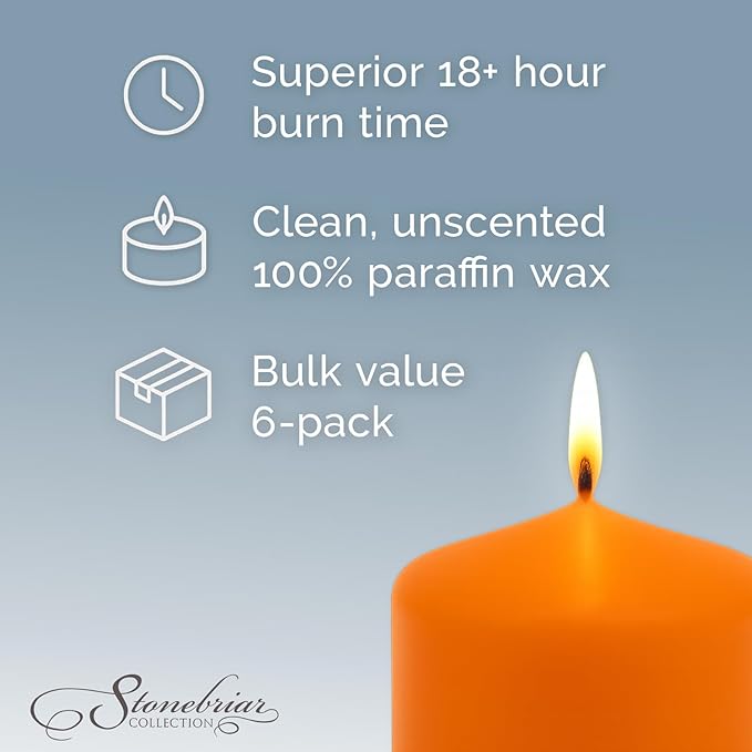 Stonebriar Unscented Pillar Candles – 18 Hour Burn Time, Long-Lasting Wax Candles for Weddings, Holidays, Home Décor & Special Events, Pack of 6, Orange, 3" x 3"