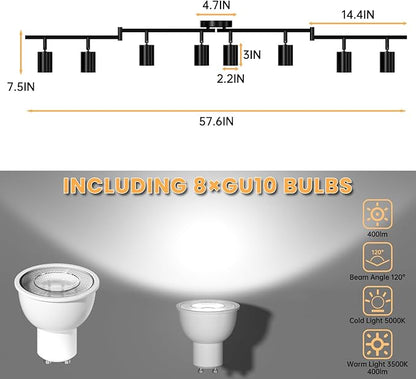 LED 8 Light Track Lighting Kit, 3 Color Adjustable Ceiling Spot Lighting Includes 8 x GU10 Bulb, Modern Track Light Fixture with Rotatable Heads for Kitchen, Living Room, Bedroom