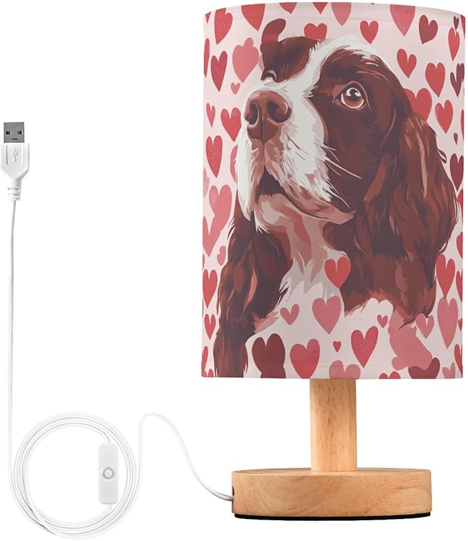 Bedside Table Lamp Springer Spaniel Dogs Heart Nightstand Lamp with Wood Desk Lamps for Bedroom Living Room Nursery Office Home Decor