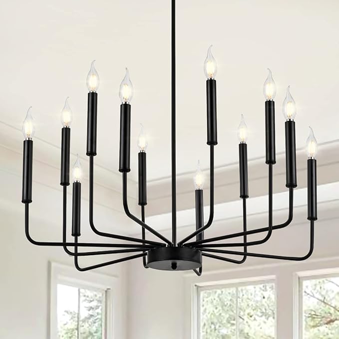 Yiisem Modern Farmhouse Black Chandelier, 12-Light Rustic Candle Chandelier, Industrial Hanging Chandeliers for Dining Room, Living Room, Kitchen, Foyer, Entryway