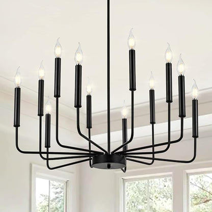 Yiisem Modern Farmhouse Black Chandelier, 12-Light Rustic Candle Chandelier, Industrial Hanging Chandeliers for Dining Room, Living Room, Kitchen, Foyer, Entryway