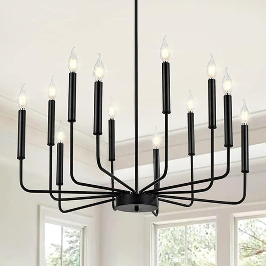 Yiisem Modern Farmhouse Black Chandelier, 12-Light Rustic Candle Chandelier, Industrial Hanging Chandeliers for Dining Room, Living Room, Kitchen, Foyer, Entryway