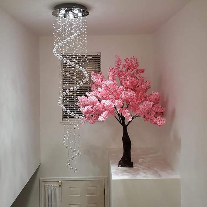 87-in Chandelier for High Ceiling, 6-Light Crystal Chandelier Spiral Design, Large Modern Ceiling Light for Stairs, Foyers, Living Rooms, Video Availablle for Easy Installation