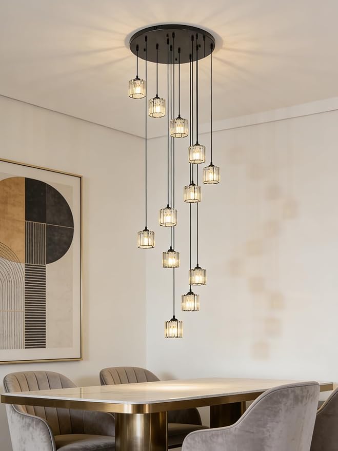 Long Chandeliers for High Ceilings,Modern Crystal Pendant Light,Raindrop Drop Lamp,Hanging Flush Mount Lighting Fixtures for Spiral Staircase,Foyer,Entryway,Living Room,Black (12 Lights)