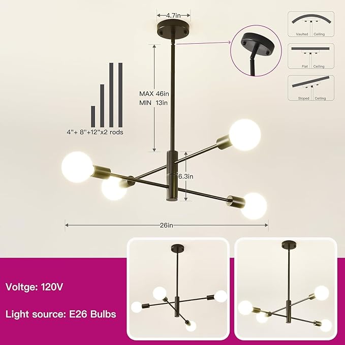Modern Sputnik Chandelier 4-Light Black, Mid Century Chandelier for Living Room, Kitchen, Dining Room, Bedroom,Foyer - Height Adjustable (Bulbs Not Included)