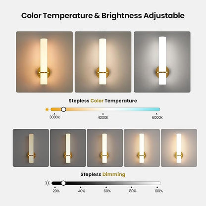 AIJIASI Battery Operated Gold Wall Sconces - 15 Inch Modern Sconce Wall Lighting 3000K-6000K Dimmable LED Wall Sconces Set of Two, Indoor Bathroom Sconce for Living Room Bedroom Hallway Stairway