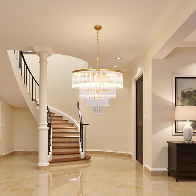 Modern Multi-Tier Crystal Chandelier 4-Tier Round Gold Finish Ceiling Light -Cylindrical Glass Rods -Dining Room Living Room Bedroom Entryway -Luxury Lighting Fixture 20''