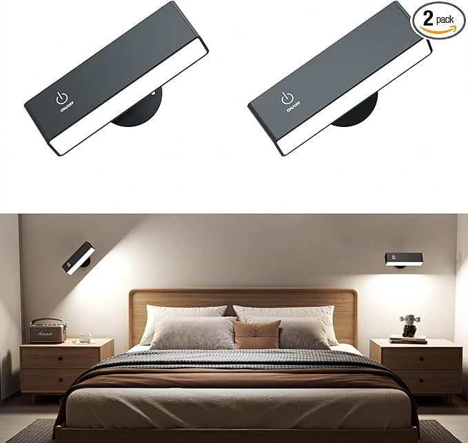 Honalia Adhesive Wall Lights for Bedroom 2 Pack, Rechargeable Wall Lights with Magnetic & Dimmable, 360 Rotation Cordless Wall Sconce, Peel and Stick Lights for Wall Bedside, Reading