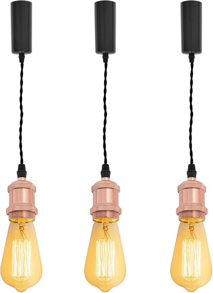 Kiven H-Type Track LightPendants, 59 Inch Cord Length Black Weave Rope Adjustable Length, Restaurant Chandelier DecorativePendant Light IndustrialPendant Lamp 3 Pack,Bulb Not Included（Rose Gold）