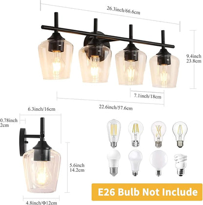 4-Light Bathroom Light Fixtures, Matte Black Vanity Lights with Clear Glass Shades, Modern Wall Lights for Mirror Kitchen Living Room Hallway Cabinet Porch