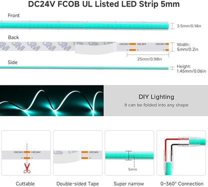 BTF-LIGHTING FCOB COB LED Strip Ice Blue 5mm Width UL Listed Super Narrow Flexible Uniform Light DC24V 16.4FT CRI 90+ Dimmable LED Ribbon for Bedroom Home Indoor Decor(No Adapter or Controller)
