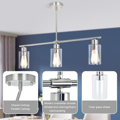 3-Light Kitchen Island Lighting, Farmhouse Dining Room Light Fixtures Over Table, Modern Brushed Nickel Island Lights Over Island, Linear Chandelier Hanging Ceiling Pendant Light Fixtures for Kitchen