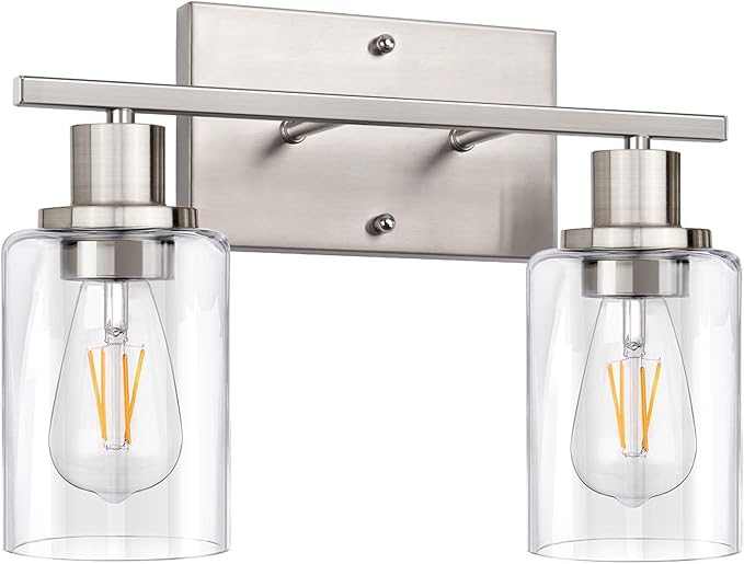 ShineTech 2-Light Bathroom Vanity Light Fixture, Brushed Nickel Bathroom Light Fixtures Over Mirror, Modern Wall Mounted Bathroom Lighting with Clear Glass Shade for Bathroom, Bedroom, Hallway