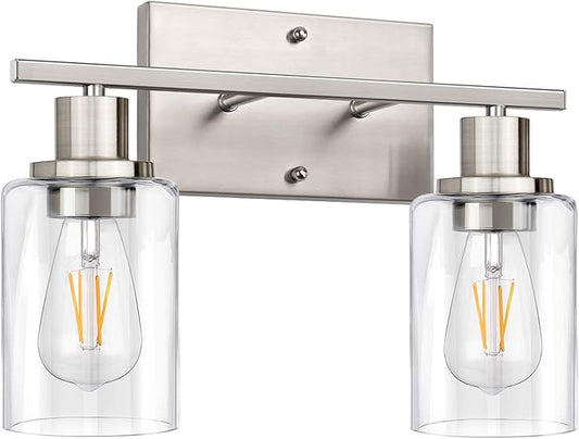 ShineTech 2-Light Bathroom Vanity Light Fixture, Brushed Nickel Bathroom Light Fixtures Over Mirror, Modern Wall Mounted Bathroom Lighting with Clear Glass Shade for Bathroom, Bedroom, Hallway