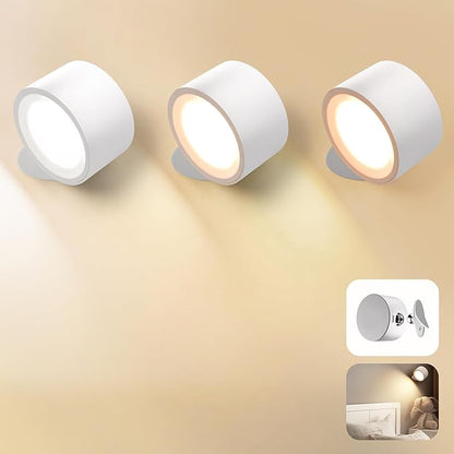 Wall Mounted Lamp LED Wall Lights with Rechargeable Battery Operated, 3 Color Temperatures & 3 Brightness Levels 360°Rotate Magnetic Ball, Cordless Sconces for Reading Bedroom Bedside,White-2 Pack