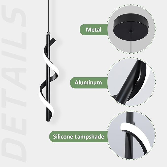 CANEOE Modern Spiral Led Pendant Light Fixture, 3000K-6000K Dimmable Modern LED Hanging Lamp, Adjustable Hanging Island Light Fixture for Bedroom Living Room Kitchen Sink, 1 Pack (Black)